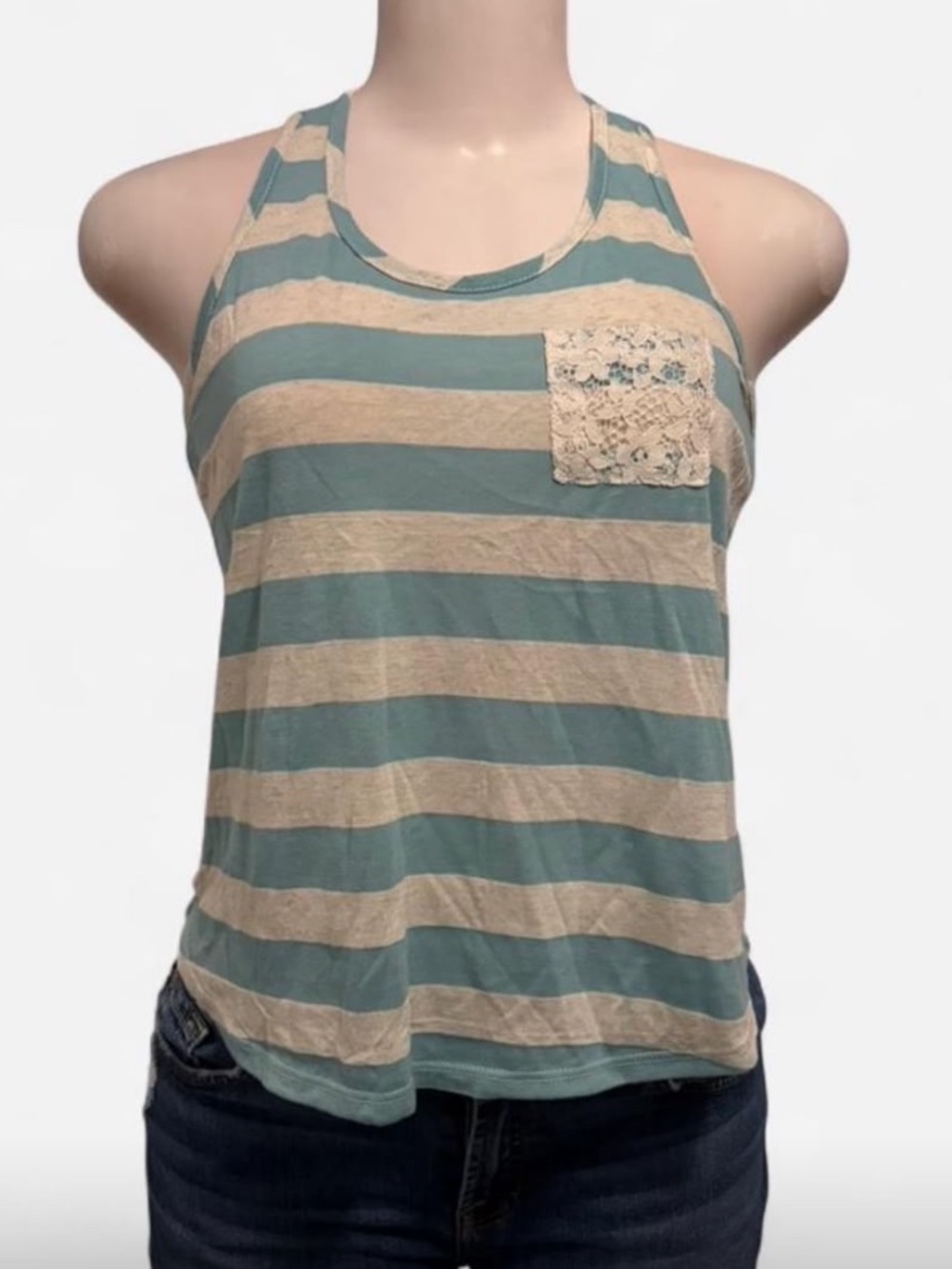 Monteau Teal and Cream Striped Lace Pocket Racerback Tank